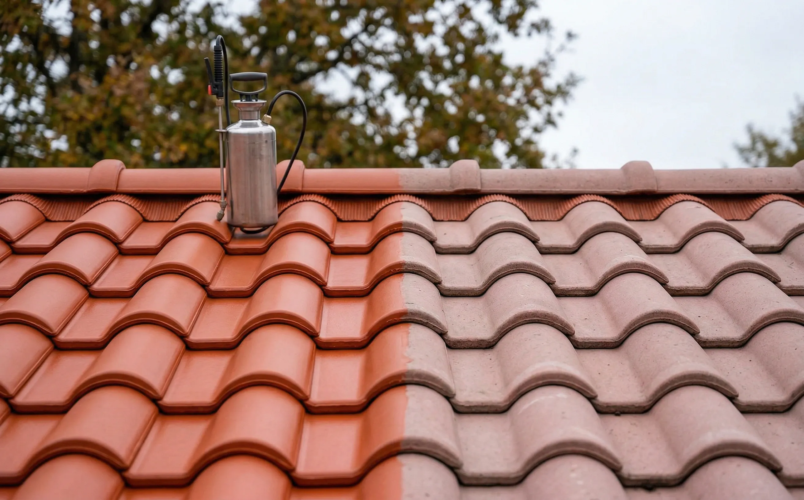 Traitement hydrofuge coloré sur tuiles terre cuite à Yvrac, contraste entre zone traitée et non traitée
