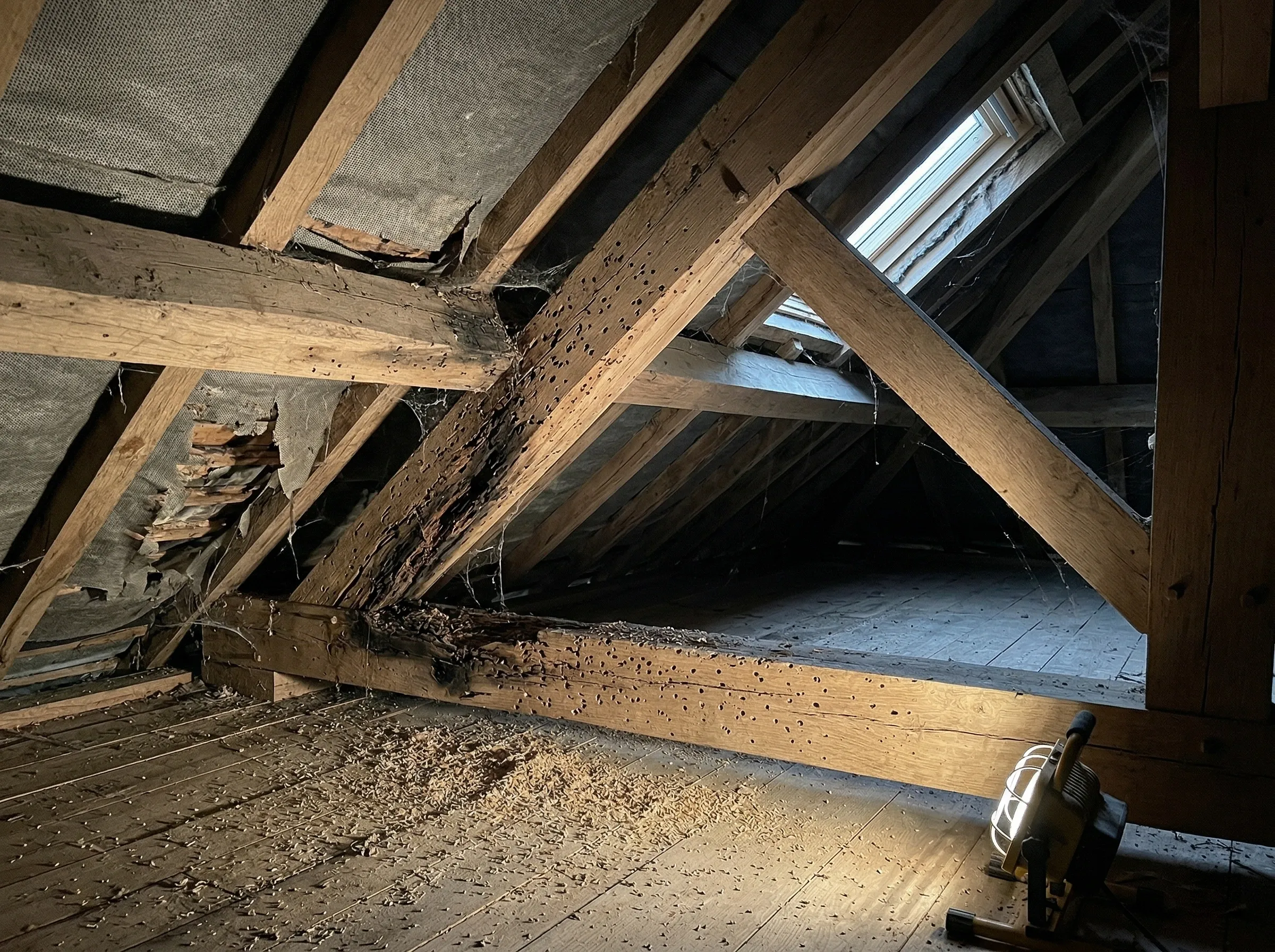 Charpente abîmée par les insectes xylophages dans une maison à Yvrac