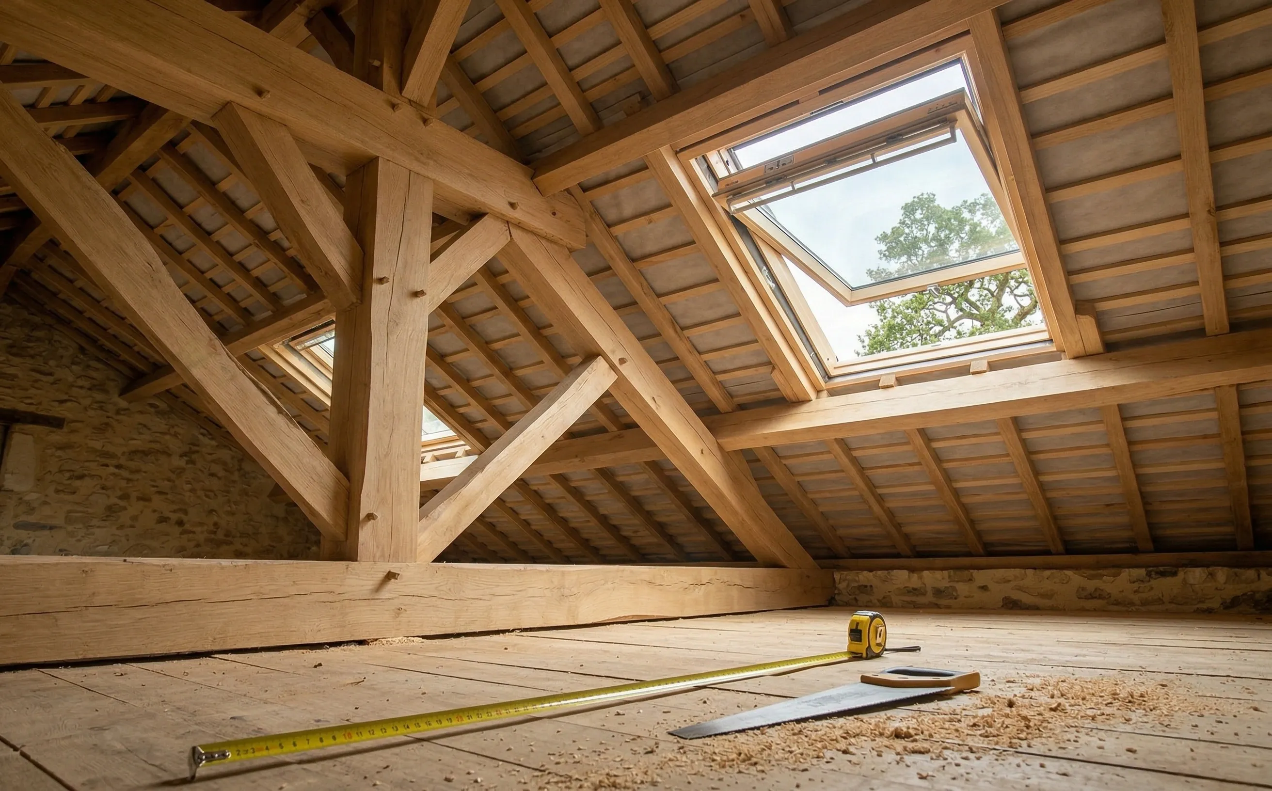 Charpente traditionnelle en bois massif dans des combles à Yvrac