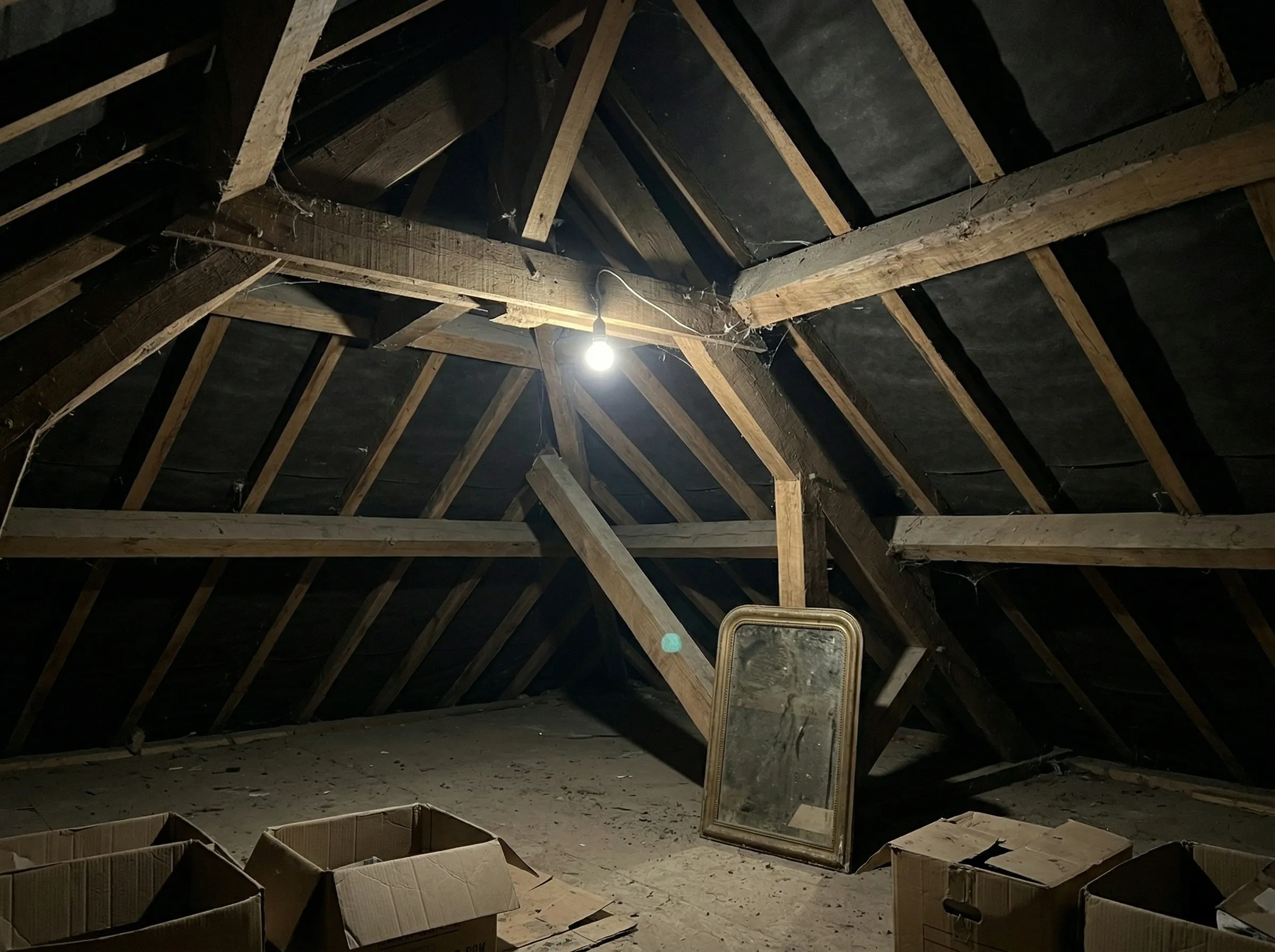 Combles sombres sans fenêtre de toit dans une maison à Yvrac