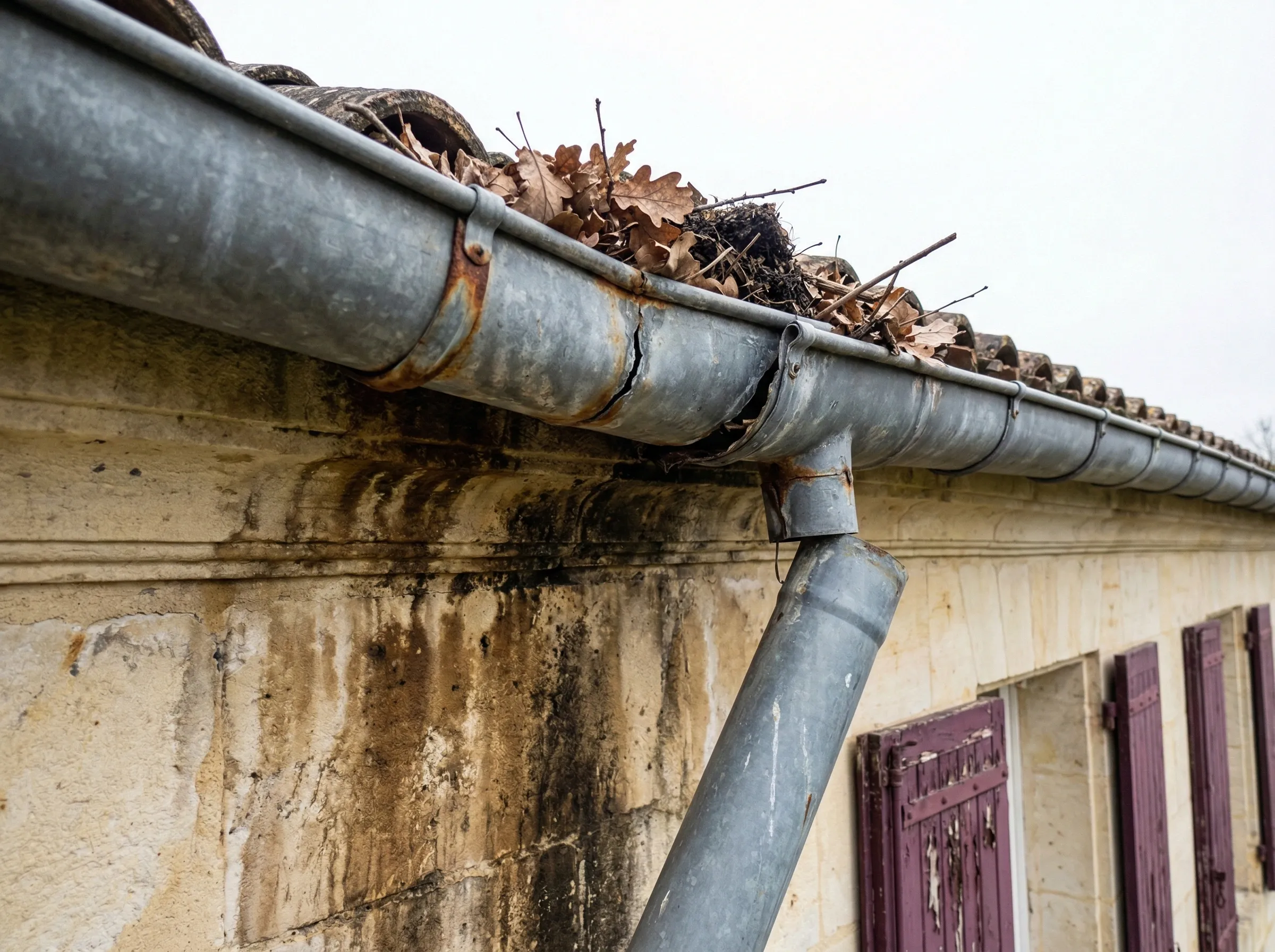 Gouttière zinc percée et rouillée sur une maison à Yvrac