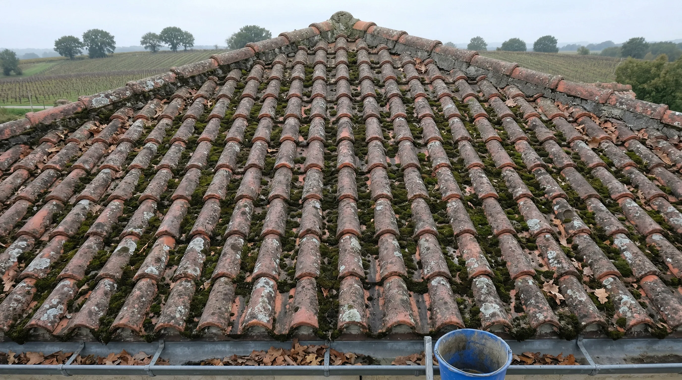 Toiture couverte de mousse et lichen avant nettoyage à Yvrac
