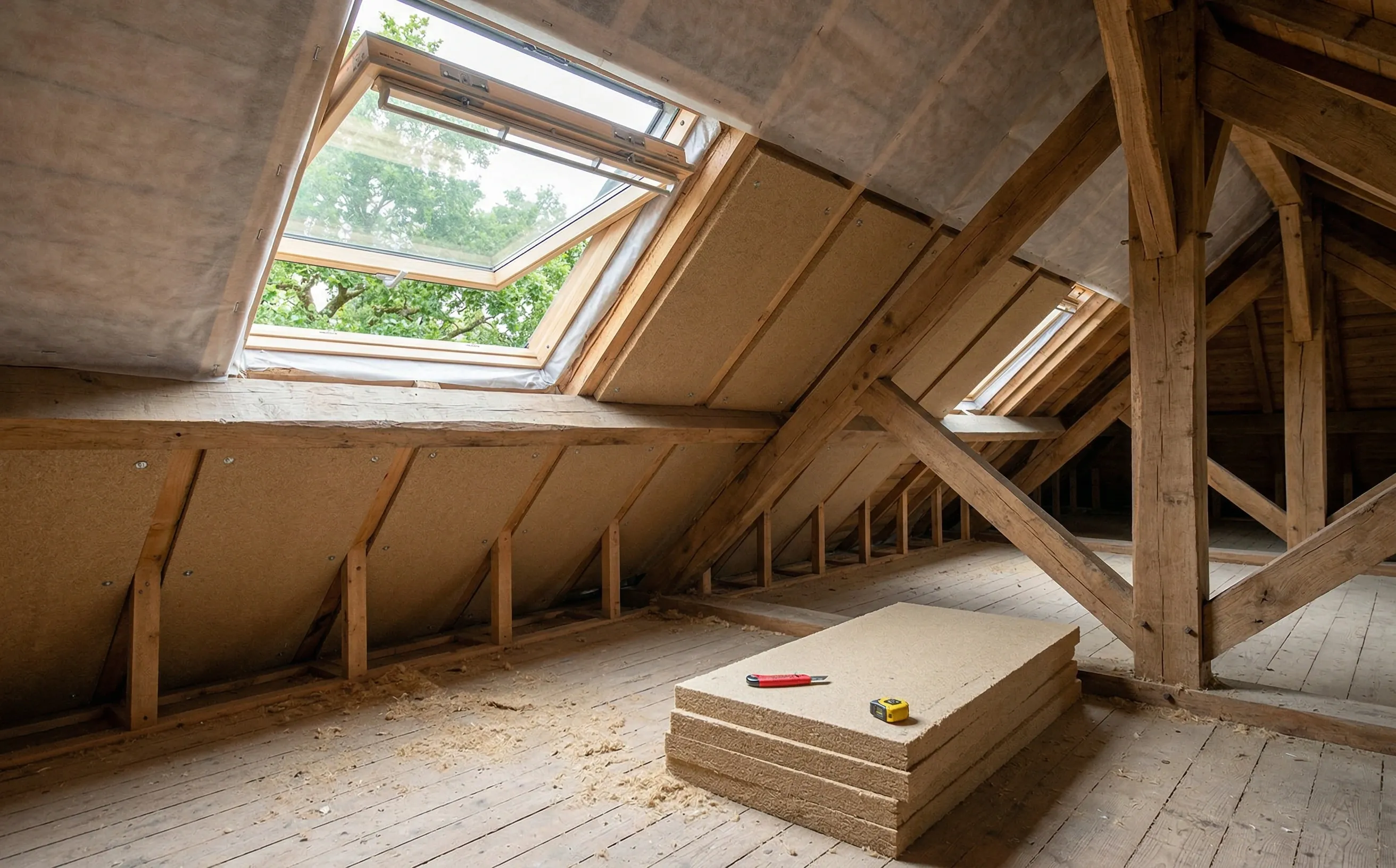 Isolation de combles en laine de bois posée entre les chevrons à Yvrac