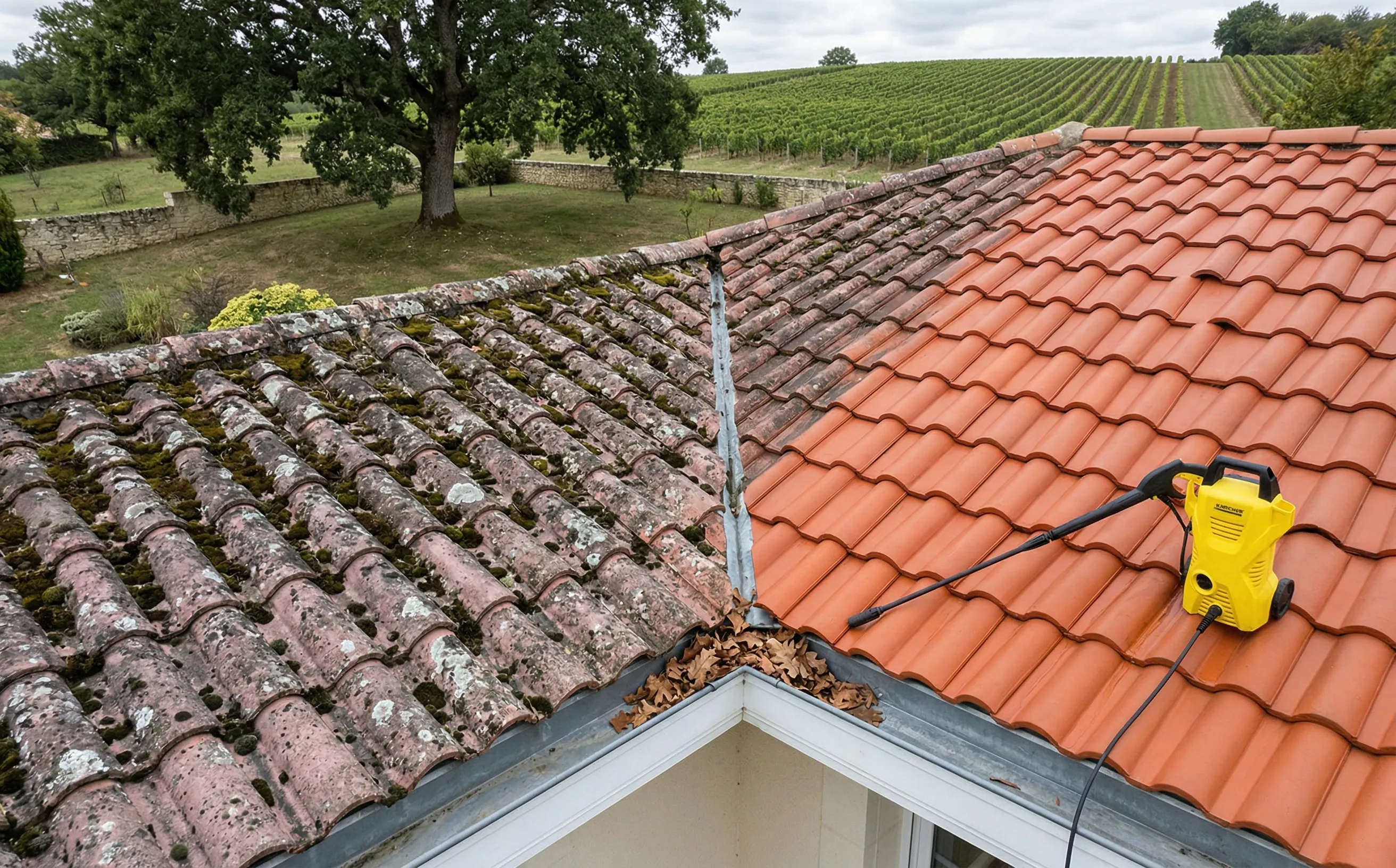 Nettoyage de toiture haute pression sur une couverture en tuiles à Yvrac