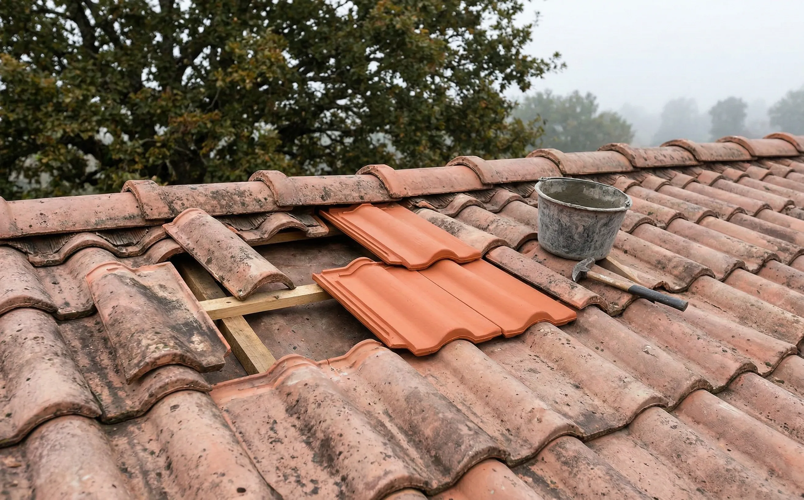 Remplacement de tuiles cassées sur une toiture à Yvrac, contraste entre tuiles neuves et anciennes
