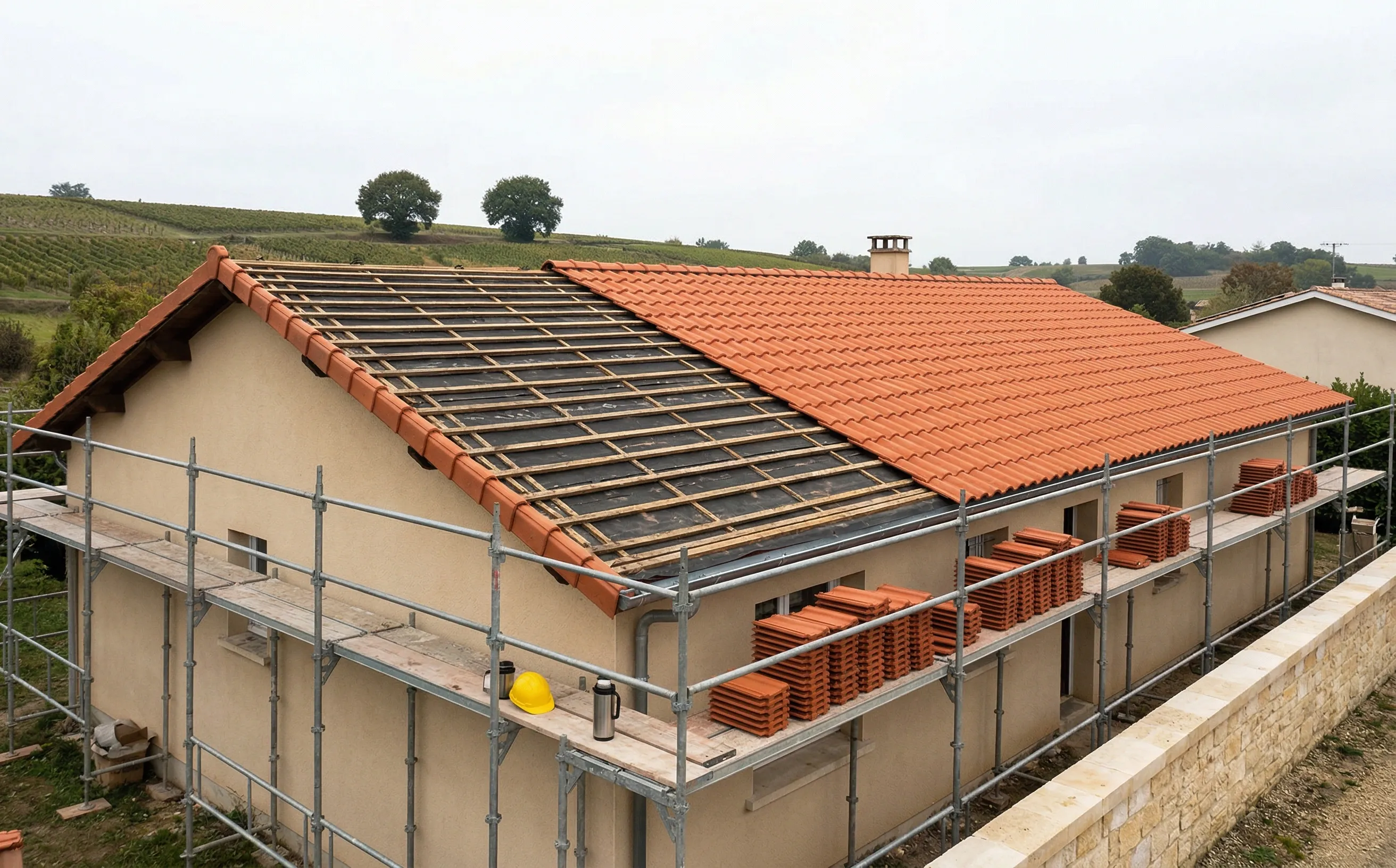 Toiture d'un pavillon en cours de rénovation avec tuiles neuves à Yvrac