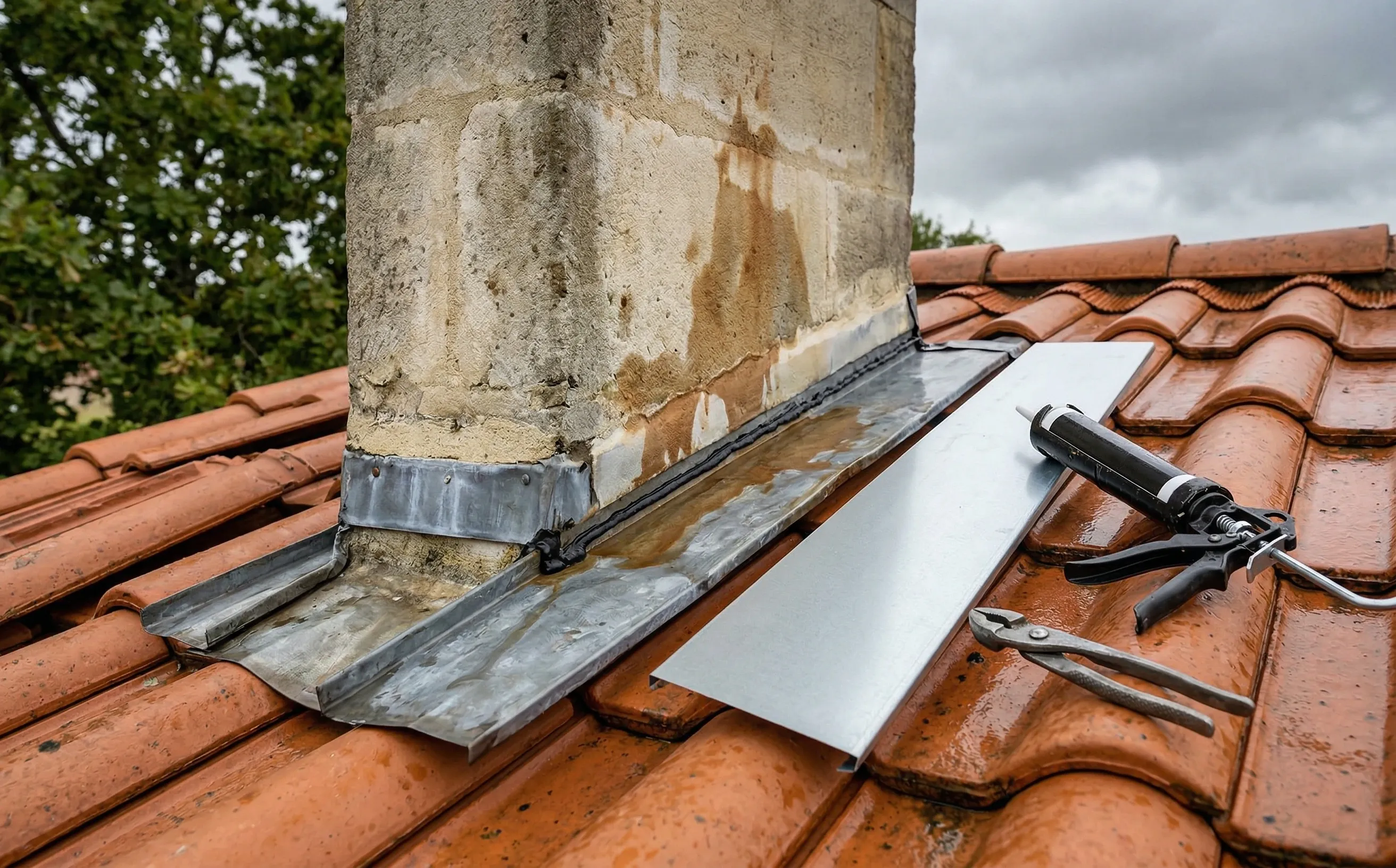 Réparation d'urgence d'une fuite au niveau d'un solin sur une toiture à Yvrac