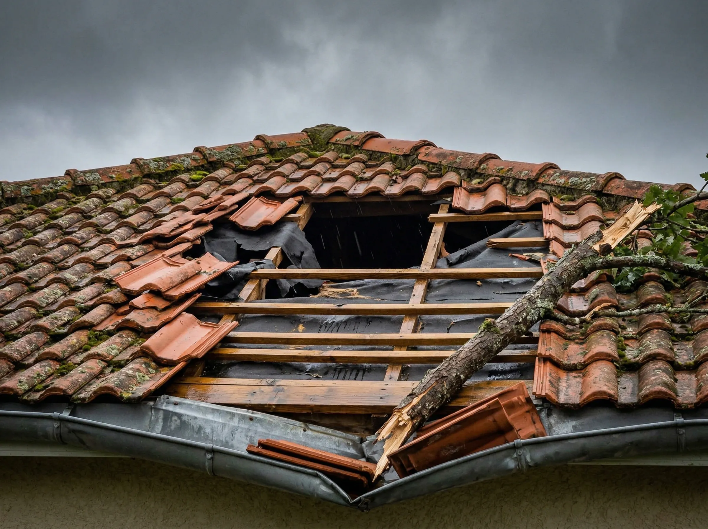 Toiture endommagée par une tempête avec tuiles arrachées à Yvrac