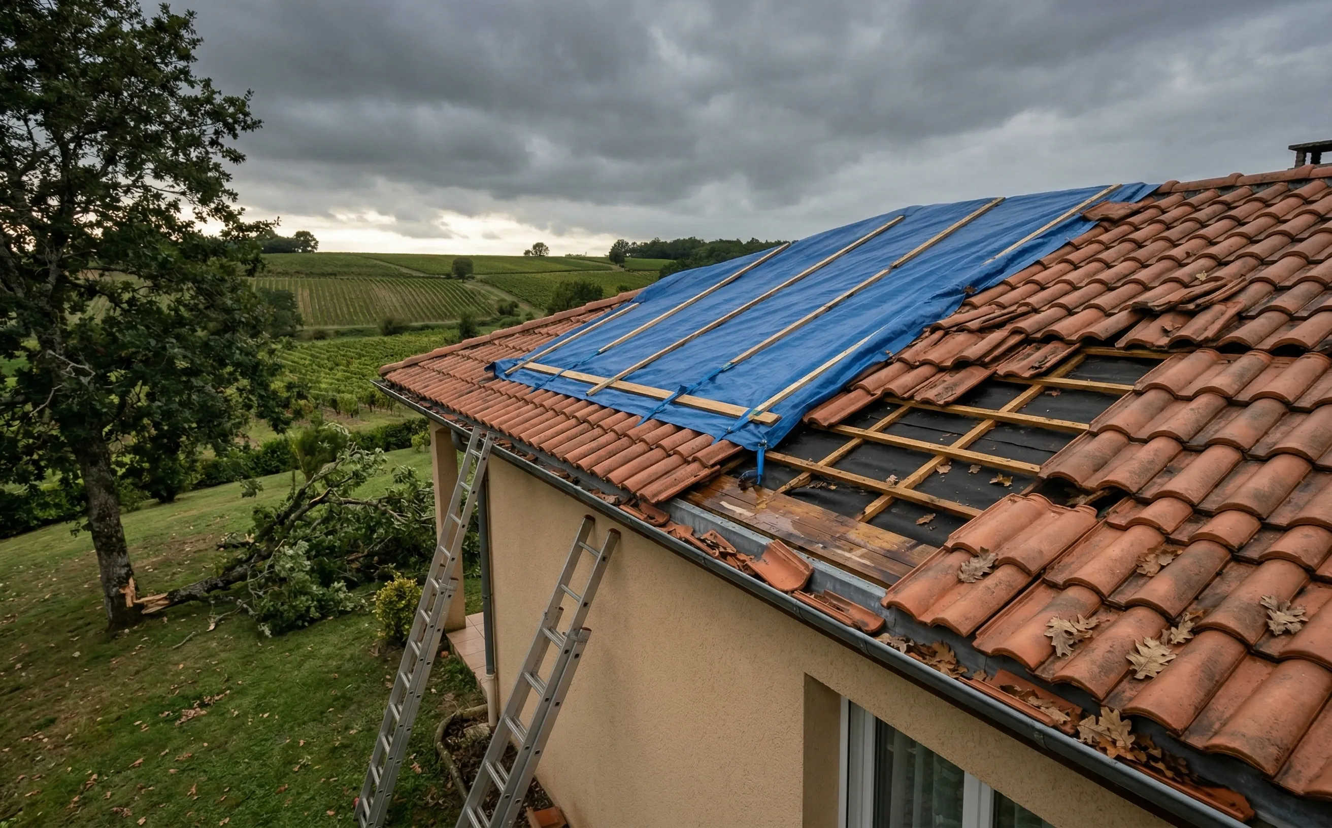 Bâche de protection posée en urgence sur une toiture endommagée à Yvrac
