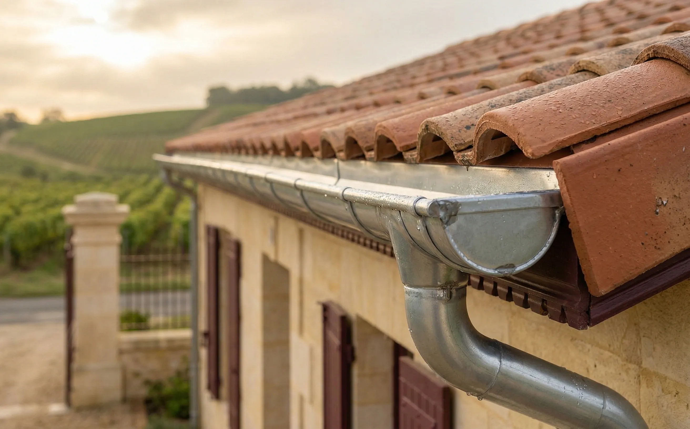 Gouttière zinc neuve posée sur une toiture en tuiles à Yvrac